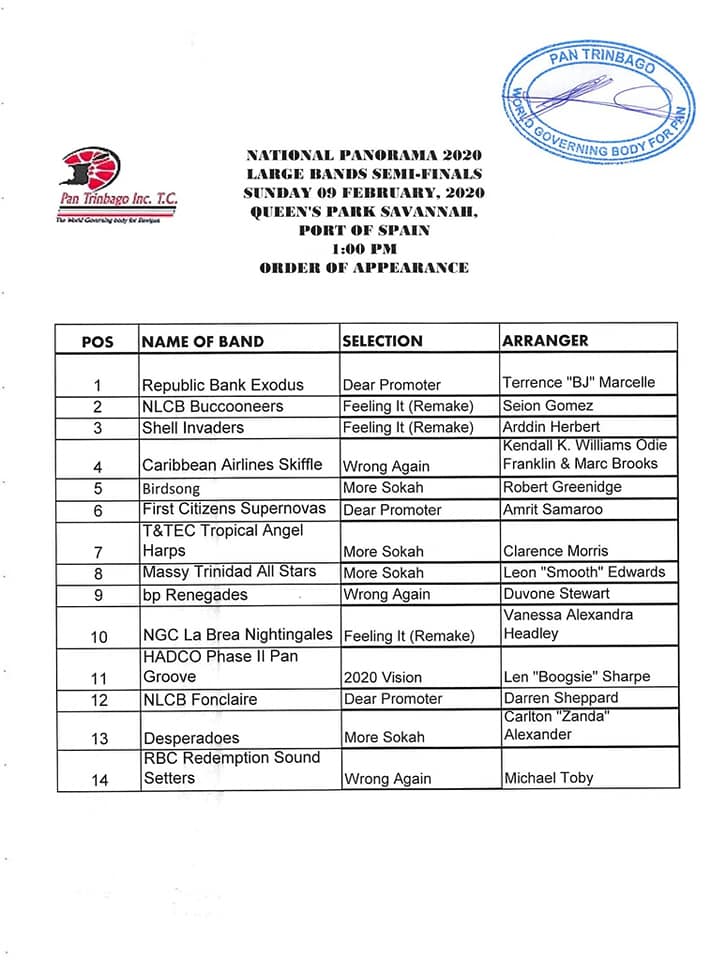 Order of Appearance Panorama 2020 Semi Finals Medium and Large Bands